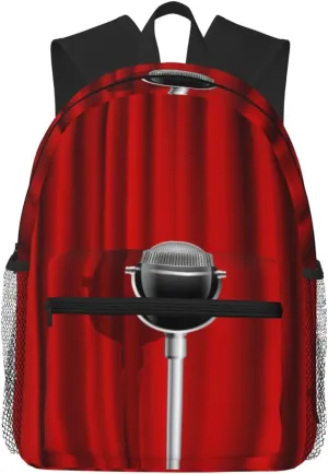 Microphone Red Curtain Stage Backpack, Travel Laptop Backpack Computer Bag Rucksack for Men Women Business Work Fits 15.6 Inch Notebook