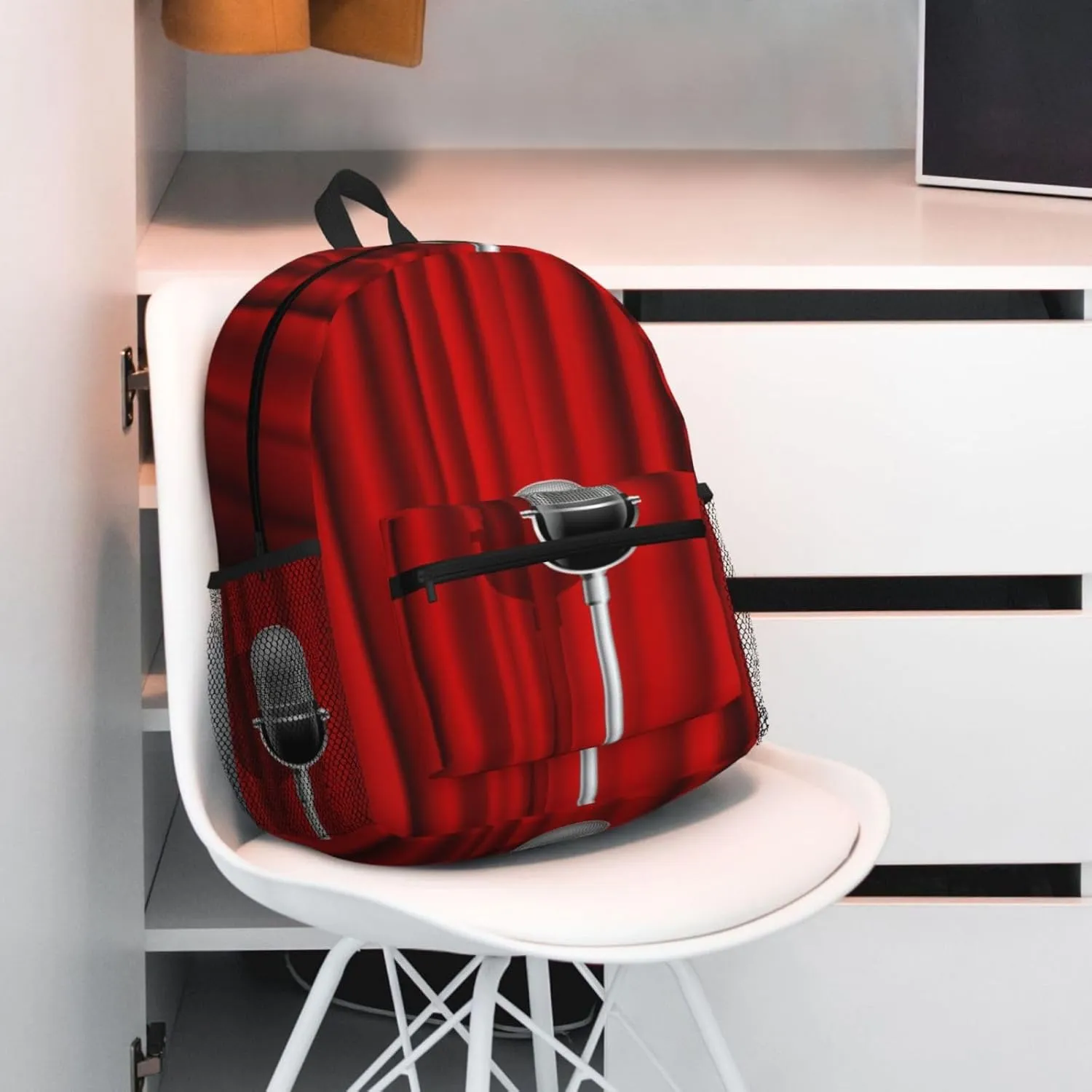 Microphone Red Curtain Stage Backpack, Travel Laptop Backpack Computer Bag Rucksack for Men Women Business Work Fits 15.6 Inch Notebook