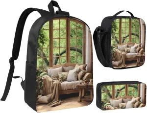 Mid Century Modern print Backpack 3pcs Set Including 17 Inch Large BookBag With Lunch Bag And Practical Pen Bag