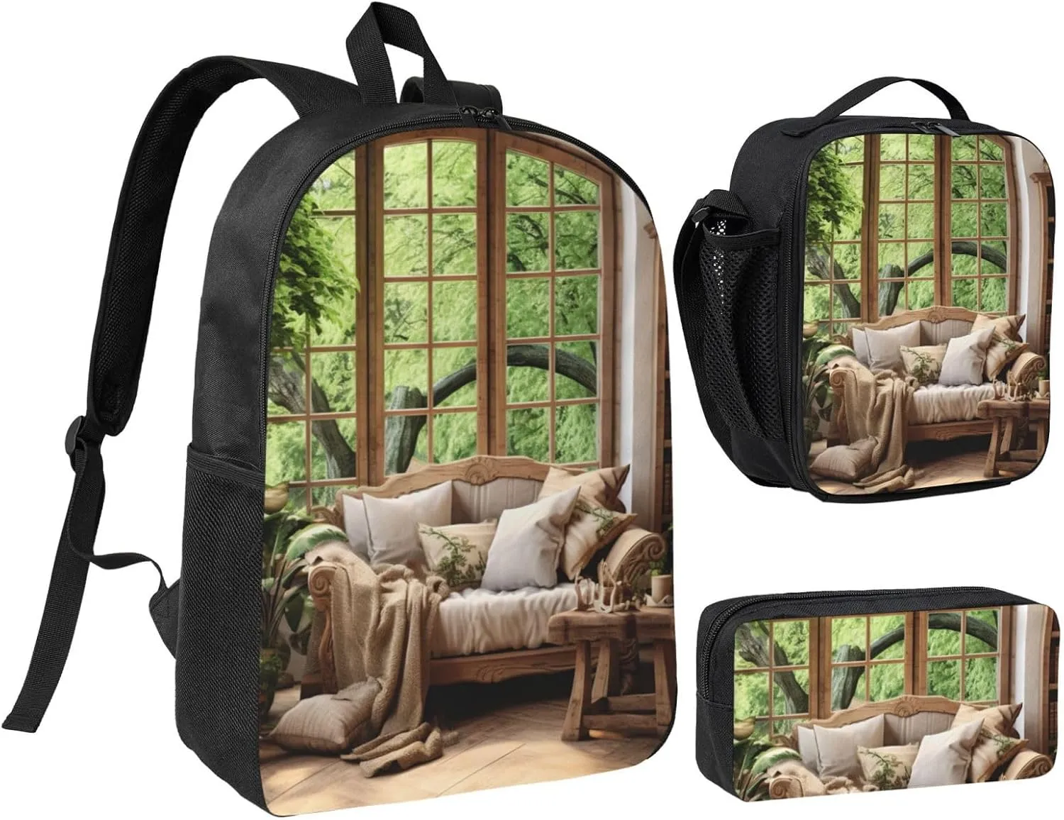 Mid Century Modern print Backpack 3pcs Set Including 17 Inch Large BookBag With Lunch Bag And Practical Pen Bag