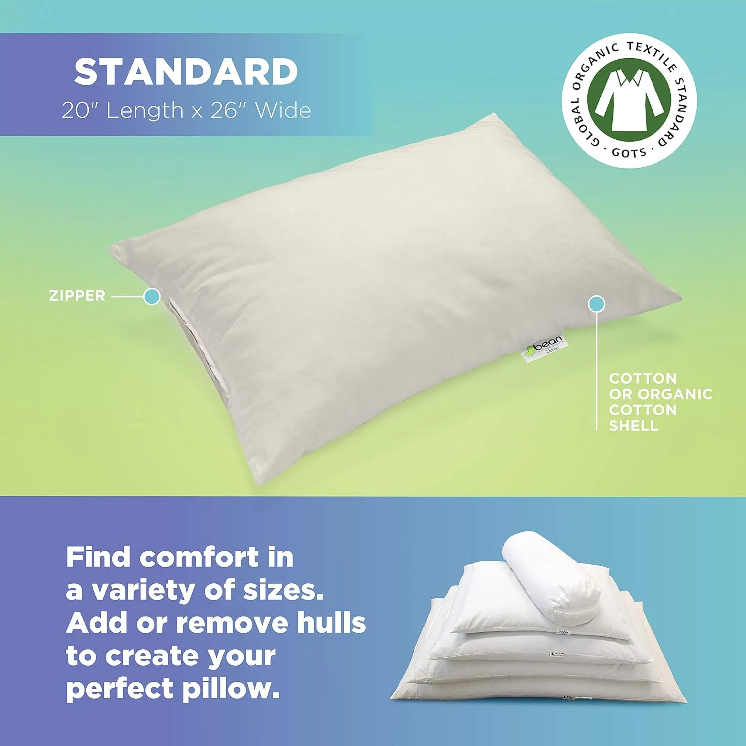 Millet Standard Bed Pillow - Organic Cotton, Vegan, Premium Quality - Made in USA - 20" x 26" - Neck Bed Body Floor Cushion Insert Couch Throw Bolster - Organic Eco Friendly Fabric and Fill