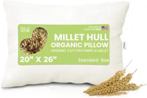 Millet Standard Bed Pillow - Organic Cotton, Vegan, Premium Quality - Made in USA - 20" x 26" - Neck Bed Body Floor Cushion Insert Couch Throw Bolster - Organic Eco Friendly Fabric and Fill