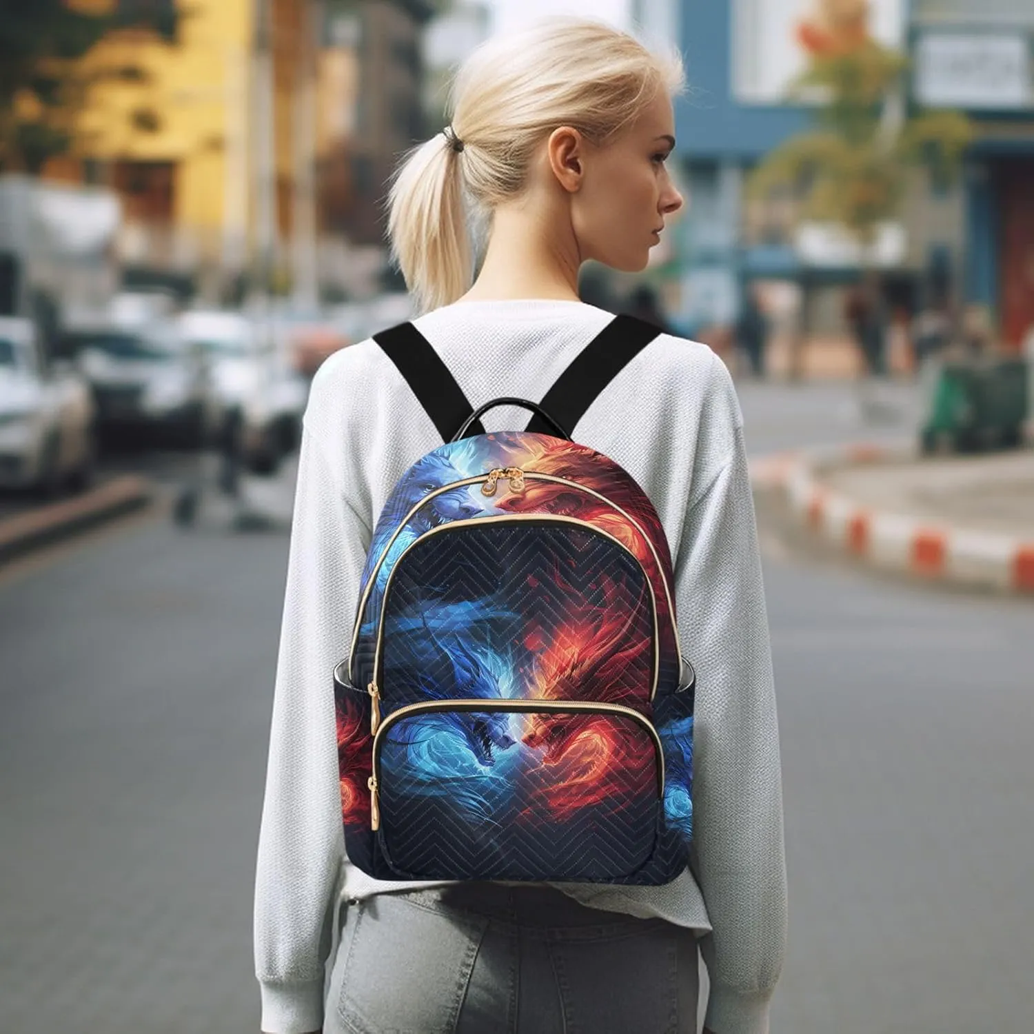 Mini Backpack Purse for Women, Blue Red Dragon Travel Bag Casual Daypack Shoulder Bag