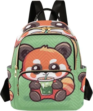 Mini Backpack Purse for Women, Cute Panda Holding Juice Travel Bag Casual Daypack Shoulder Bag