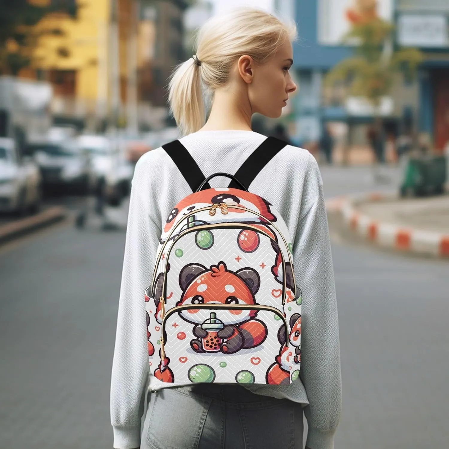 Mini Backpack Purse for Women, Cute Red Panda with Bubble Tea Cartoon Travel Bag Casual Daypack Shoulder Bag