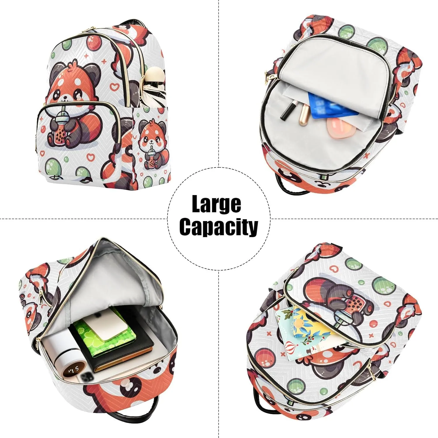 Mini Backpack Purse for Women, Cute Red Panda with Bubble Tea Cartoon Travel Bag Casual Daypack Shoulder Bag