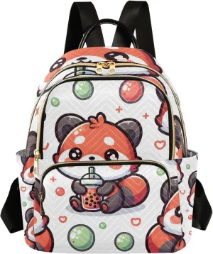 Mini Backpack Purse for Women, Cute Red Panda with Bubble Tea Cartoon Travel Bag Casual Daypack Shoulder Bag