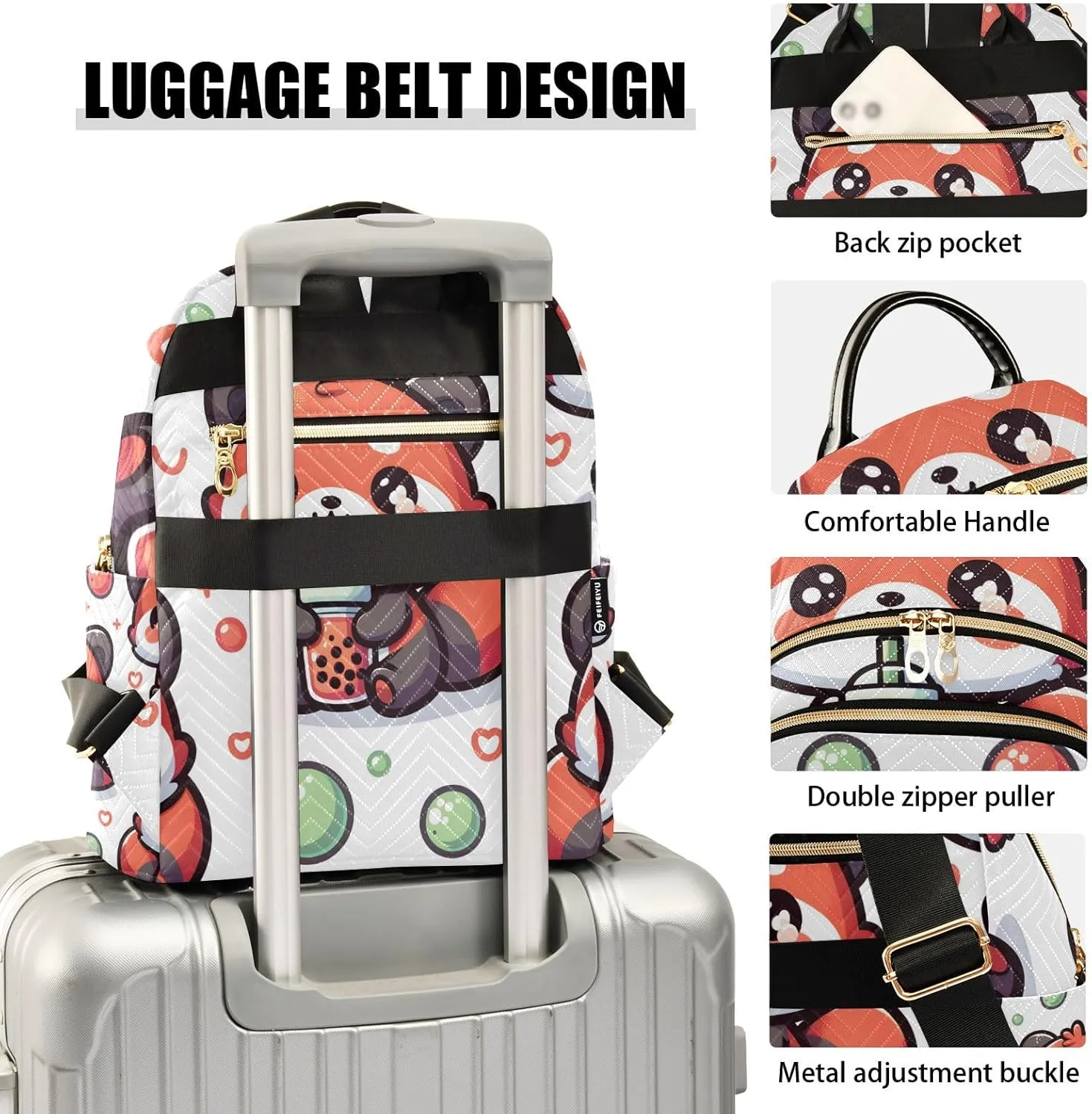 Mini Backpack Purse for Women, Cute Red Panda with Bubble Tea Cartoon Travel Bag Casual Daypack Shoulder Bag