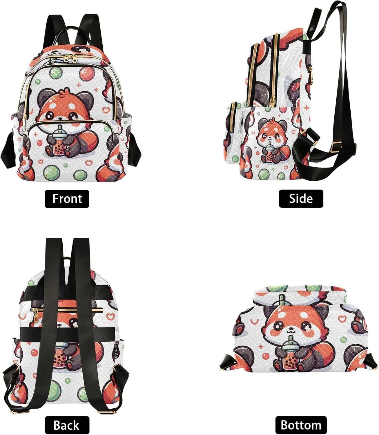 Mini Backpack Purse for Women, Cute Red Panda with Bubble Tea Cartoon Travel Bag Casual Daypack Shoulder Bag