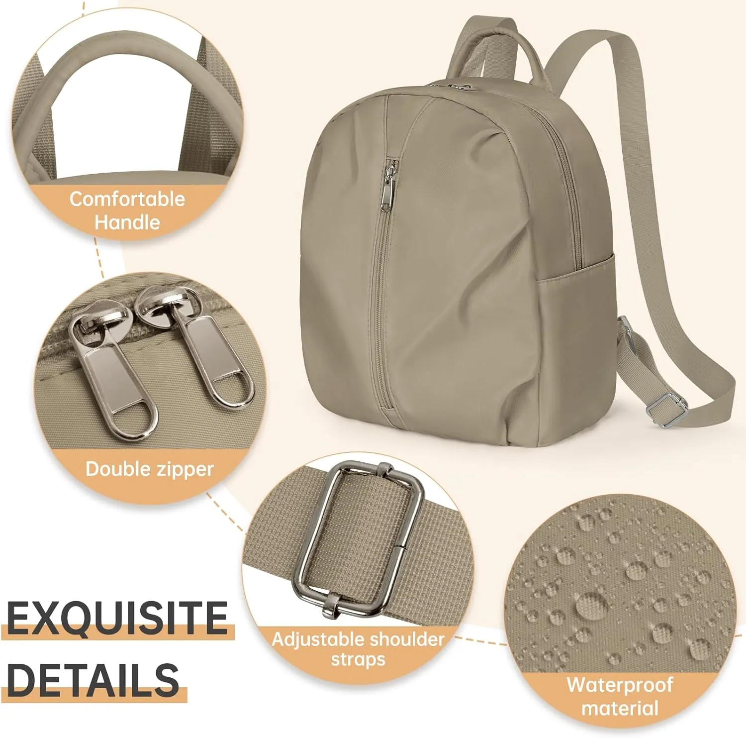 Mini Backpack Purse Small Cute Women Bag Lightweight Daypack for Travel (Khaki)