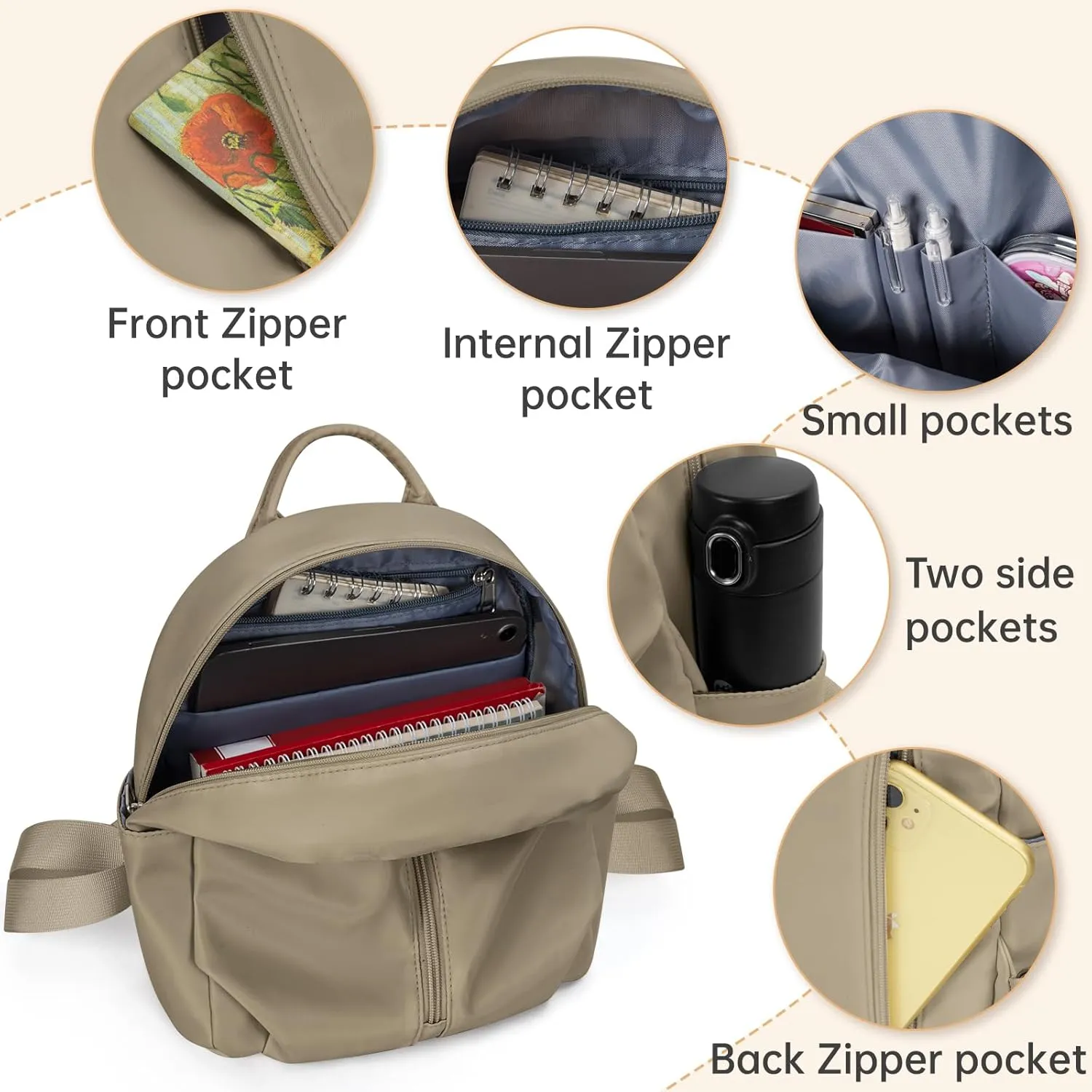 Mini Backpack Purse Small Cute Women Bag Lightweight Daypack for Travel (Khaki)