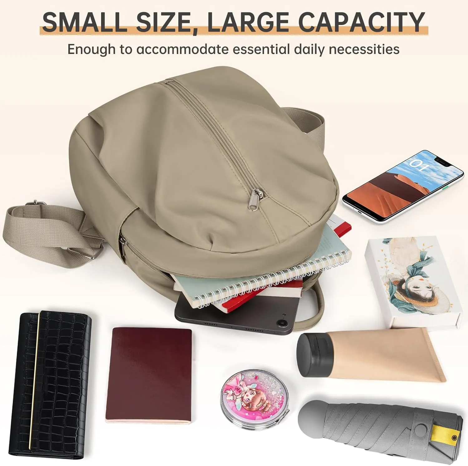 Mini Backpack Purse Small Cute Women Bag Lightweight Daypack for Travel (Khaki)