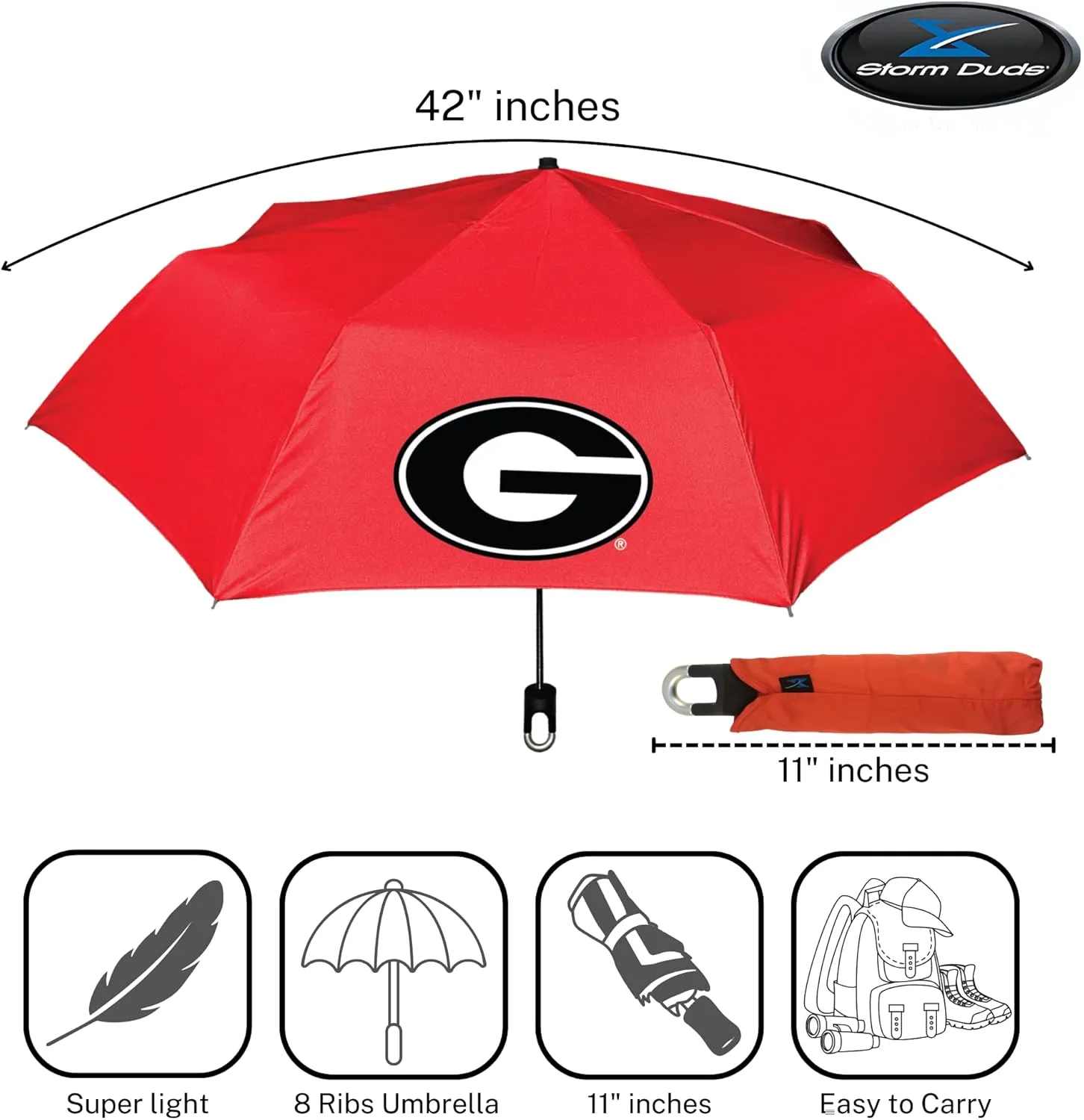 Mini Compact Storm Umbrella - NCAA Logo 42” Coverage, Folds to 11 Inches- Swivel Clip on Handle - Water, Wind & Rust Resistant, and Flexible Frame