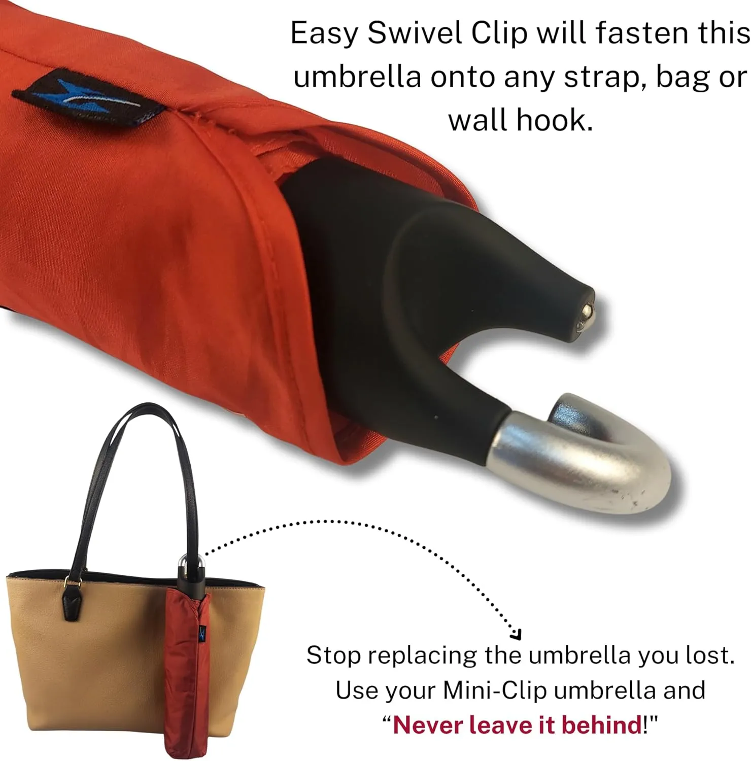 Mini Compact Storm Umbrella - NCAA Logo 42” Coverage, Folds to 11 Inches- Swivel Clip on Handle - Water, Wind & Rust Resistant, and Flexible Frame