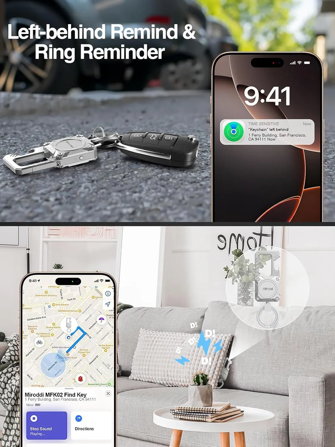 Miroddi Keychain with Smart Tracker, Men's Key Chain Works with Find My App (iOS Only), Heavy Duty Key Carabiner with Bottle Opener, Key Finder, GPS for Key Locate, Anti-lost, Rechargeable, Silver