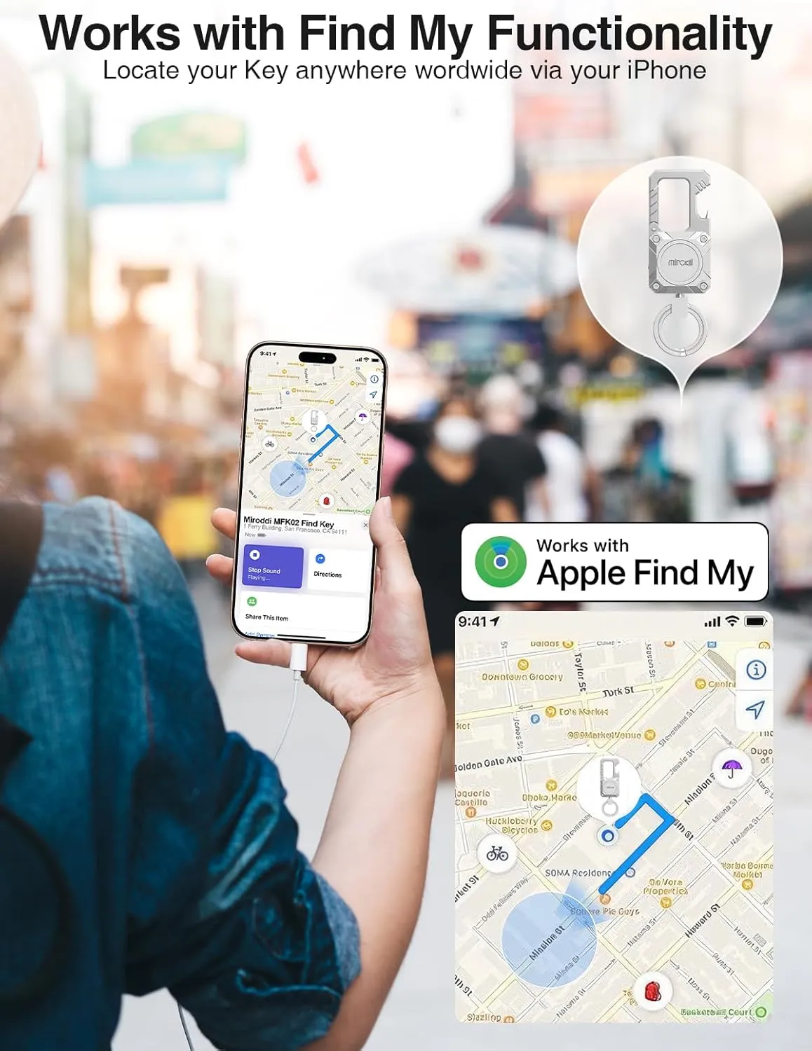 Miroddi Keychain with Smart Tracker, Men's Key Chain Works with Find My App (iOS Only), Heavy Duty Key Carabiner with Bottle Opener, Key Finder, GPS for Key Locate, Anti-lost, Rechargeable, Silver