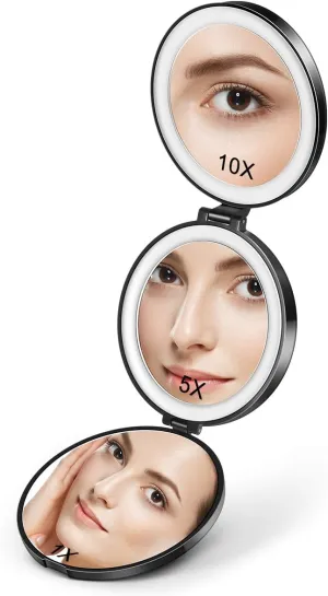 Mirror with Light,1X/5X/10X Led Lighted Travel Compact Makeup Mirror Handheld Illuminated Folding Portable Rechargeable Cosmetic Travel Mirror