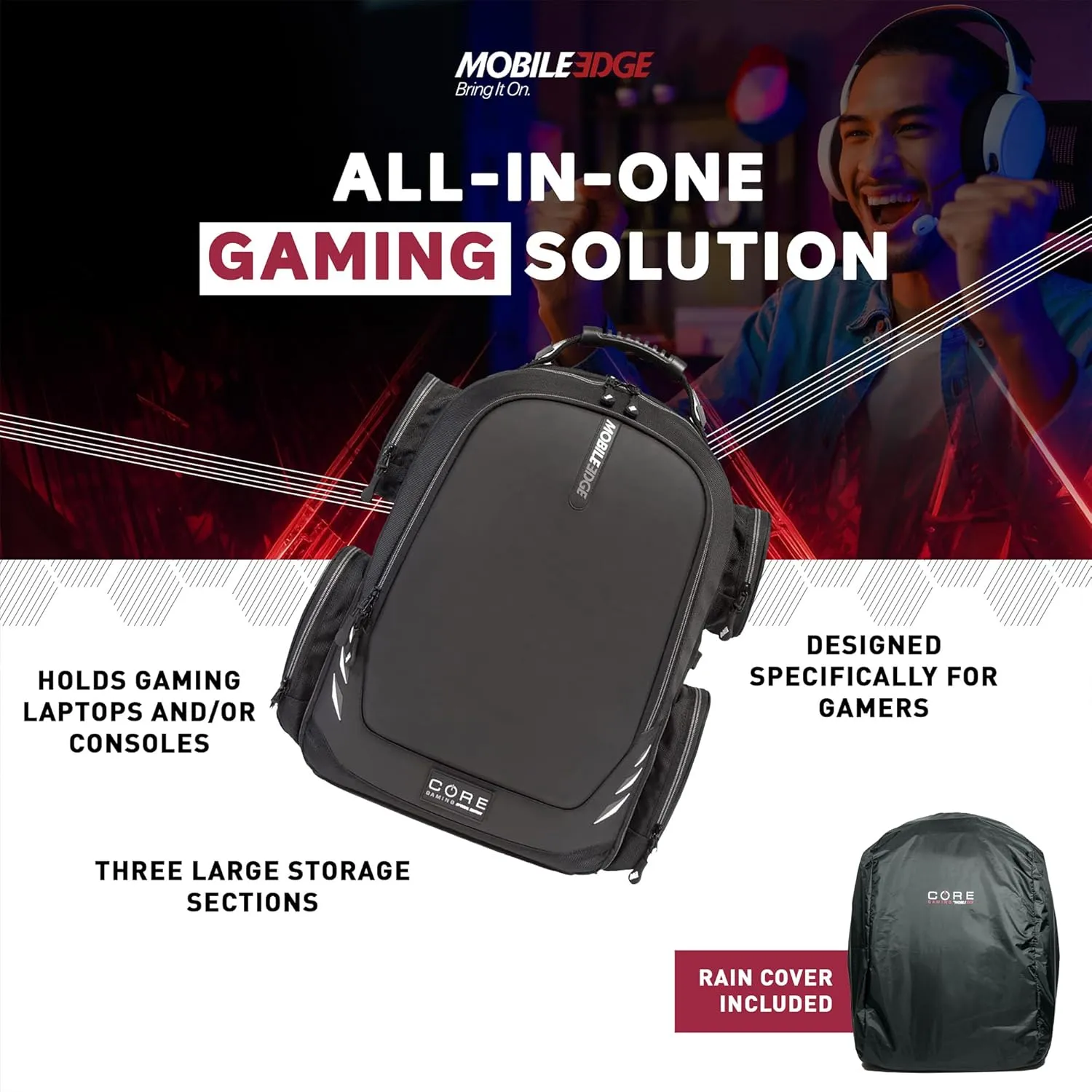 Mobile Edge Core Gaming Laptop Backpack, Fits 17-18 Inch Laptops, with USB Charging Port and Cable, TSA Friendly, Black