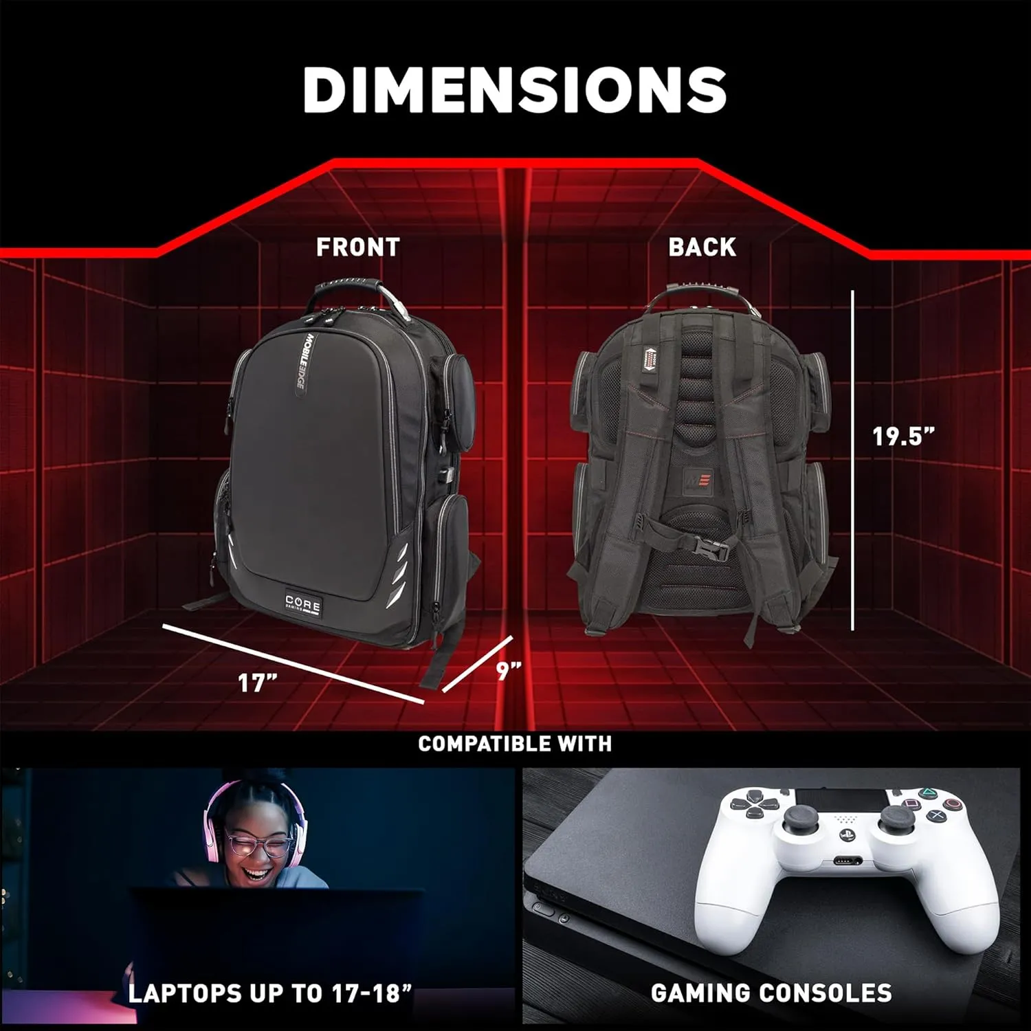 Mobile Edge Core Gaming Laptop Backpack, Fits 17-18 Inch Laptops, with USB Charging Port and Cable, TSA Friendly, Black