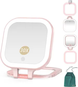 Mocado Compact Travel Makeup Mirror, 1X/30X Magnifying Mirror with Light, Double Sides Compact Mirror with 3 Color Light, Dimmable Handheld Mirror, Rechargeable Travel Mirror for Purse,Pocket(Pink)