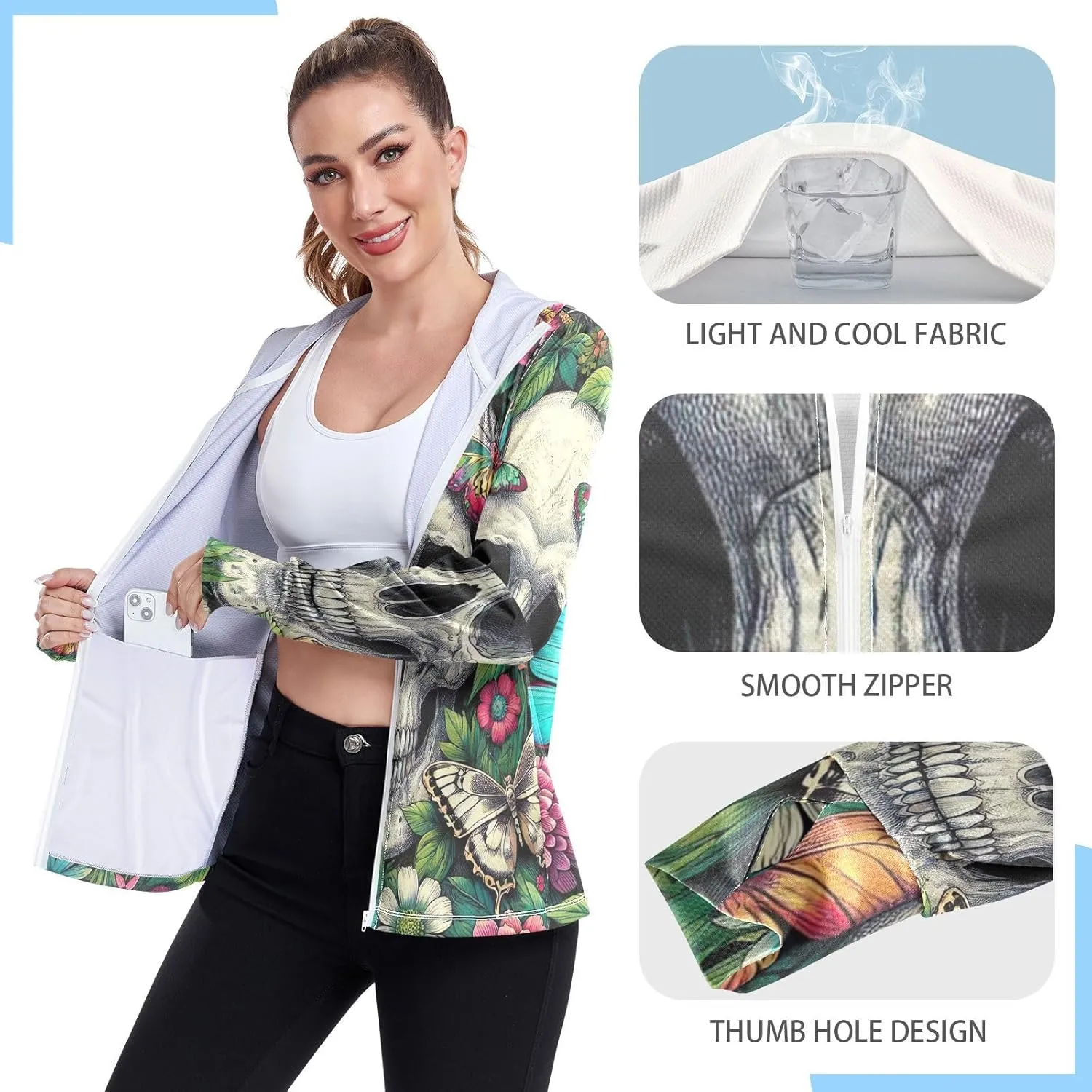 Moon Sleeping Sloth Sun Hoodie Women, Upf 50  Zip Workout Jacket, Cooling Shirt Women
