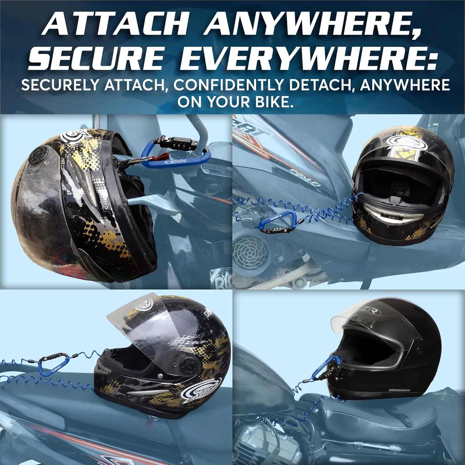 Motorcycle Helmet Lock & Security Cable - Blue Carabiner Combination Lock Secures Your Helmet, Jacket, Gloves, or Bag - Helmet Lock with Free Carry Pouch & a Small Flashlight