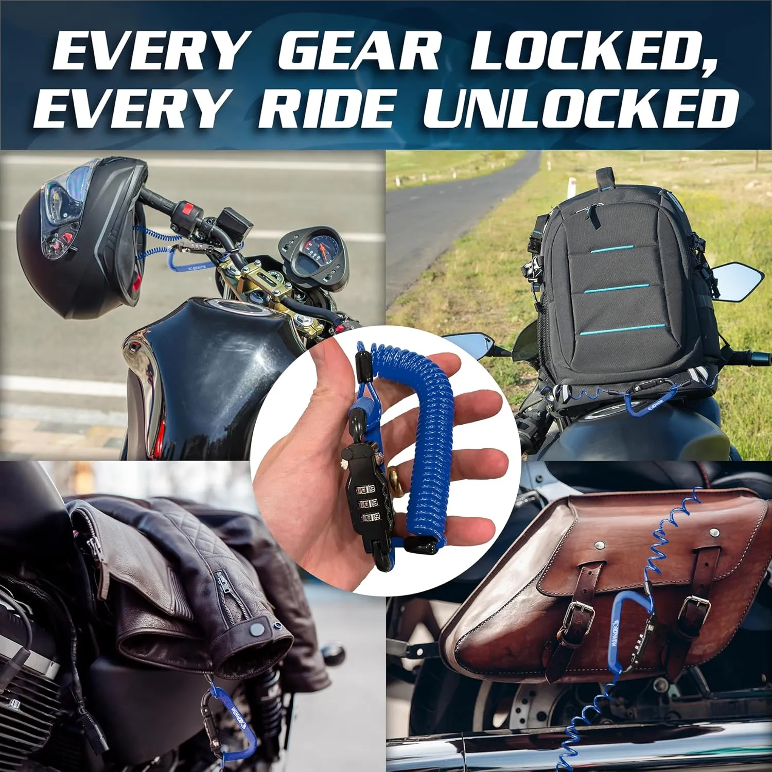 Motorcycle Helmet Lock & Security Cable - Blue Carabiner Combination Lock Secures Your Helmet, Jacket, Gloves, or Bag - Helmet Lock with Free Carry Pouch & a Small Flashlight