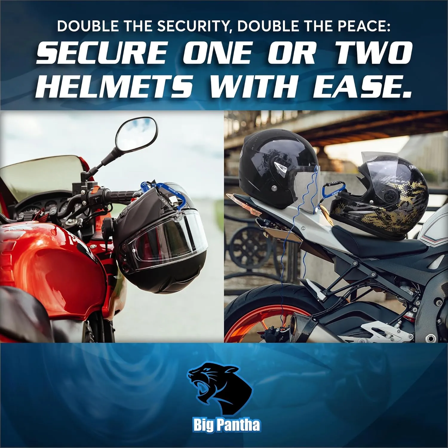Motorcycle Helmet Lock & Security Cable - Blue Carabiner Combination Lock Secures Your Helmet, Jacket, Gloves, or Bag - Helmet Lock with Free Carry Pouch & a Small Flashlight