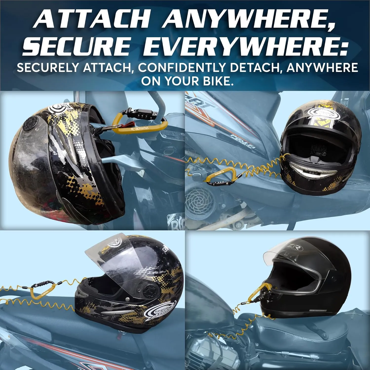 Motorcycle Helmet Lock & Security Cable - Yellow Carabiner Combination Lock Secures Your Helmet, Jacket, Gloves, or Bag - Helmet Lock with Free Carry Pouch & a Small Flashlight