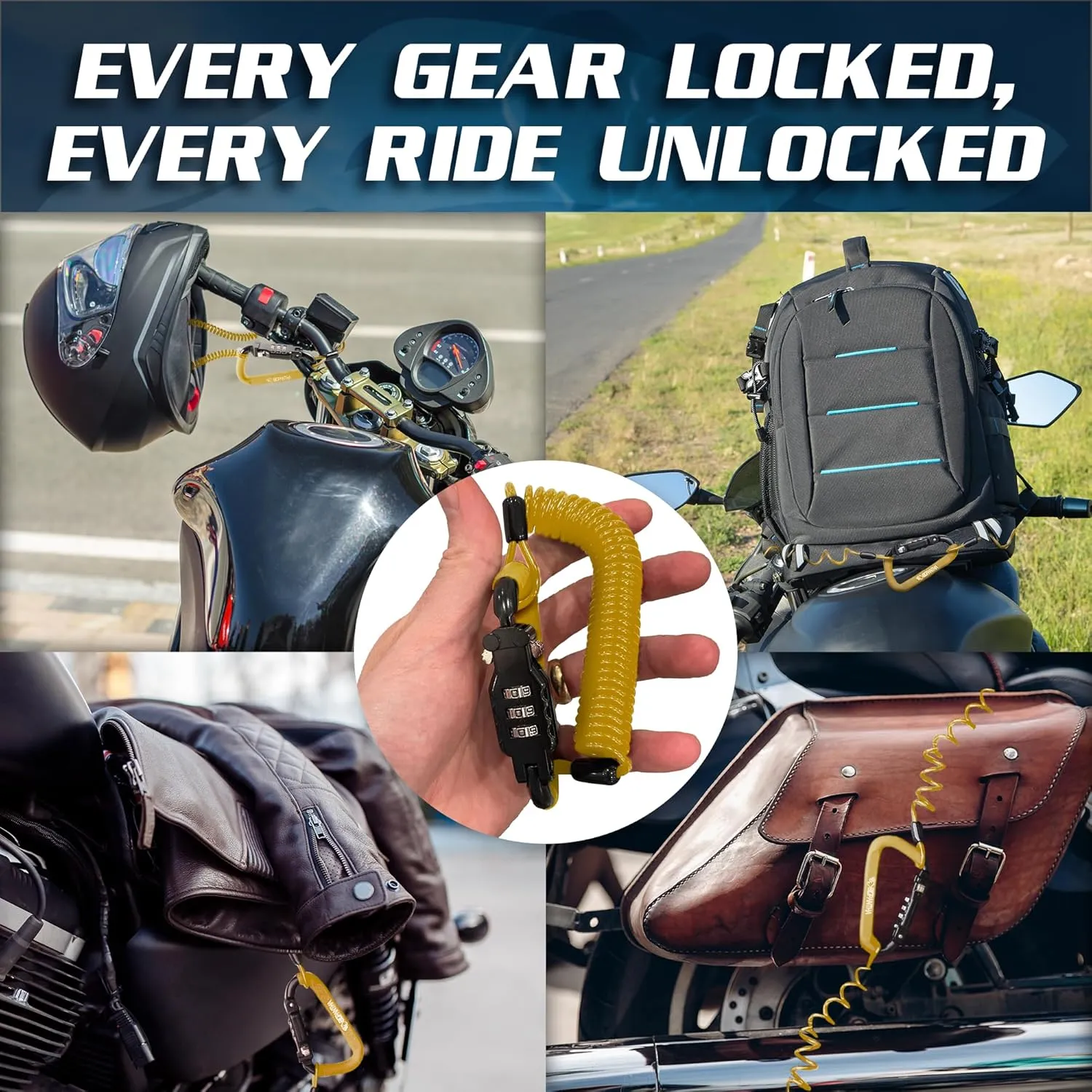 Motorcycle Helmet Lock & Security Cable - Yellow Carabiner Combination Lock Secures Your Helmet, Jacket, Gloves, or Bag - Helmet Lock with Free Carry Pouch & a Small Flashlight
