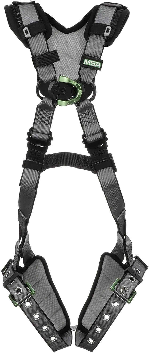 MSA 10194893 V-FIT Full Body Safety Harness - Size: Standard (Medium), D-Ring Configuration: Front/Back/Chest, Tongue Buckle Leg Straps, With Shoulder Padding, Full Body Harness