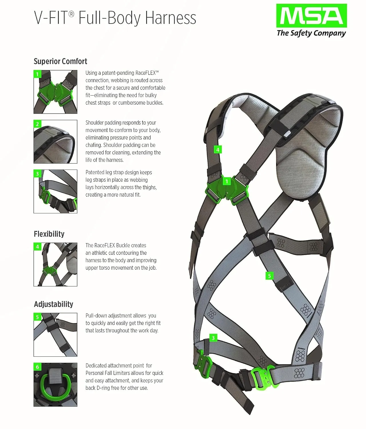 MSA 10195134 V-FIT Construction Safety Harness - Size: Standard (Medium), D-Ring Configuration: Back/Hip, Quick Connect Leg Straps, With Shoulder/Lumbar Padding, Full Body Harness
