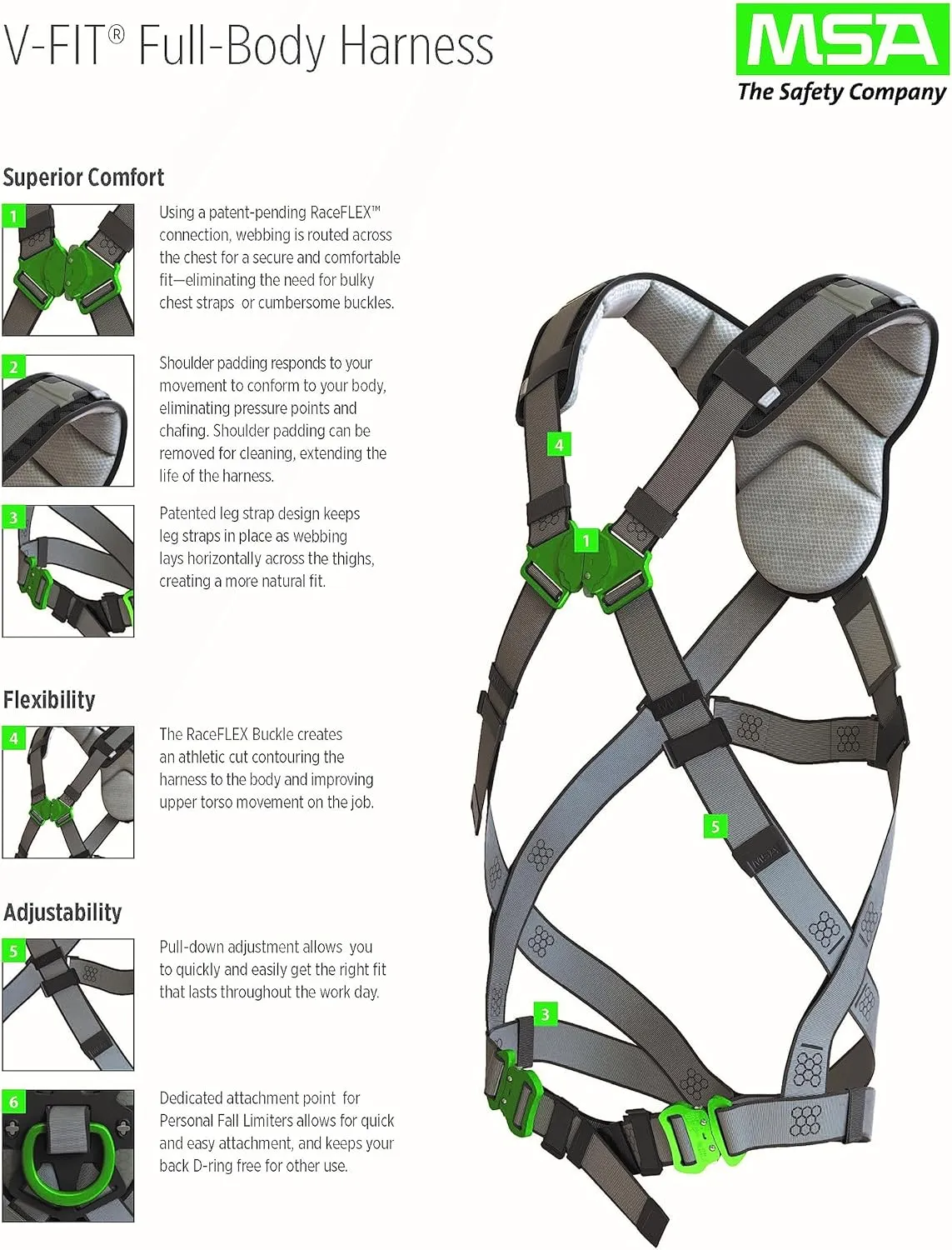 MSA 10195205 V-FIT Derrick Construction Harness - Size: Standard (Medium), D-Ring Configuration: Back/Chest/Hip, Tongue Buckle Leg Straps, With Shoulder/Lumbar Padding, Full Body Harness