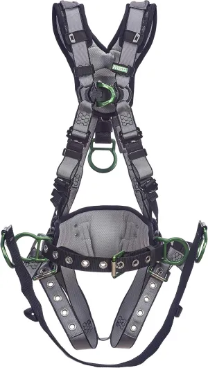 MSA 10195205 V-FIT Derrick Construction Harness - Size: Standard (Medium), D-Ring Configuration: Back/Chest/Hip, Tongue Buckle Leg Straps, With Shoulder/Lumbar Padding, Full Body Harness