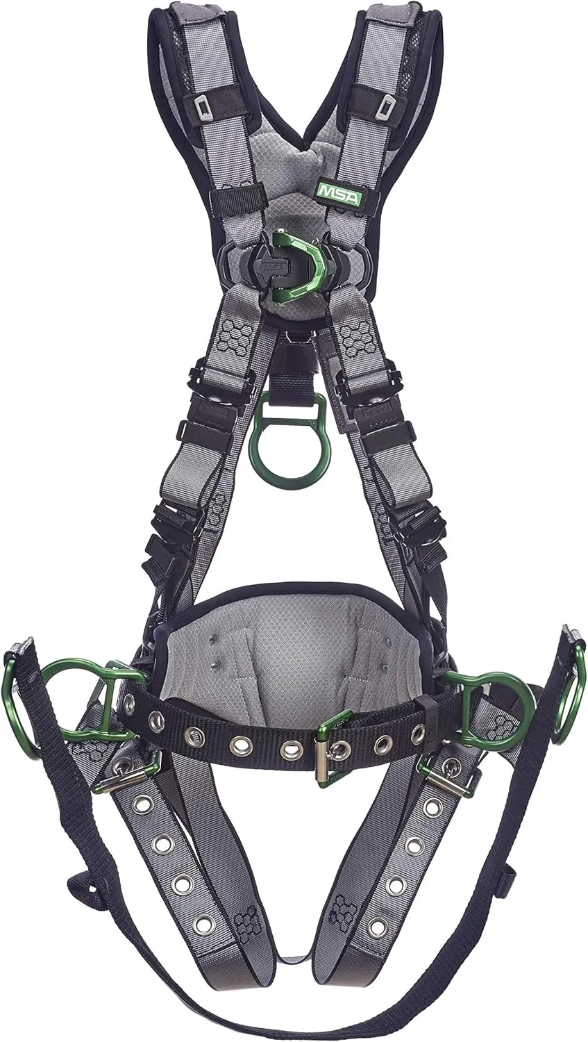 MSA 10195205 V-FIT Derrick Construction Harness - Size: Standard (Medium), D-Ring Configuration: Back/Chest/Hip, Tongue Buckle Leg Straps, With Shoulder/Lumbar Padding, Full Body Harness