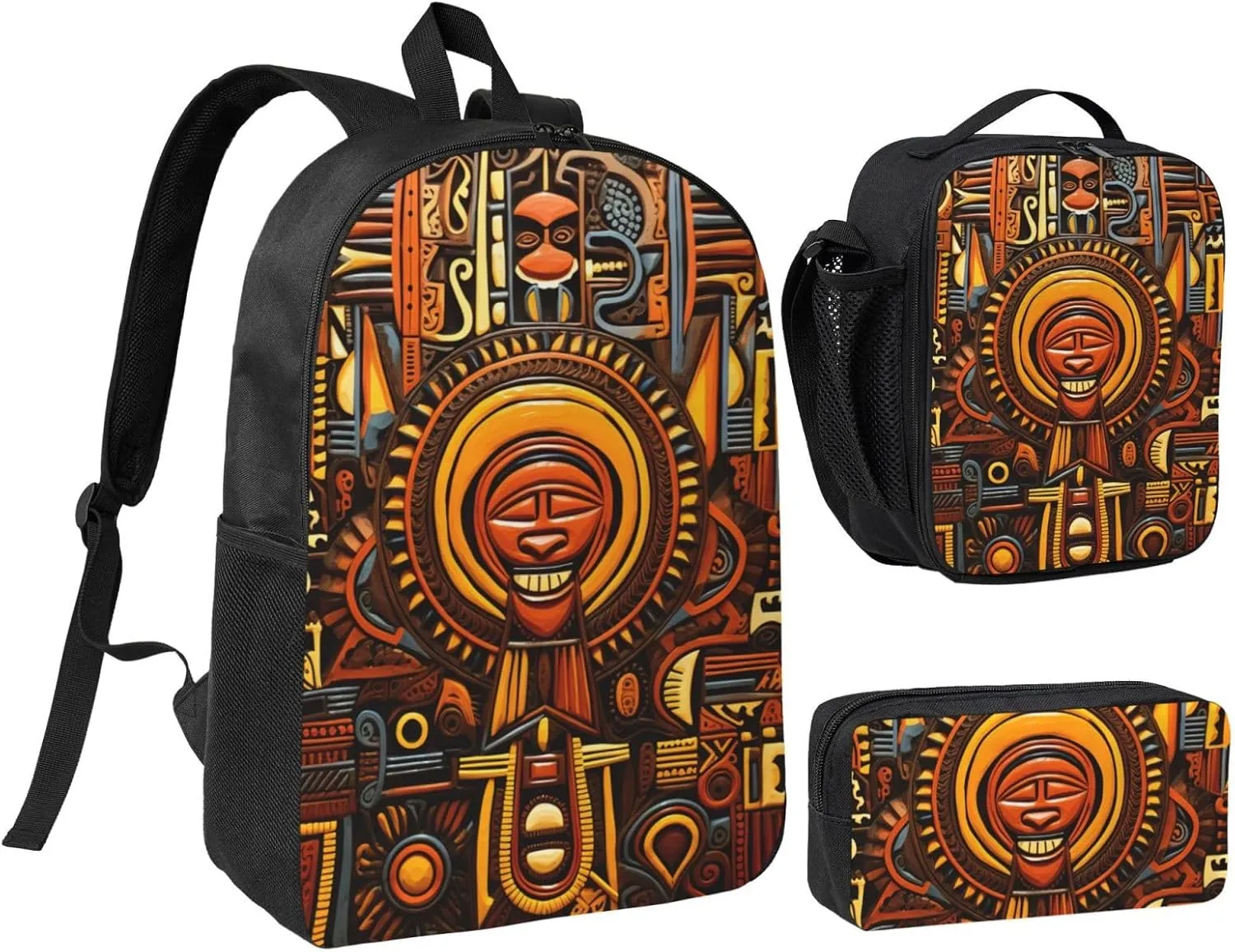 National Pattern print Backpack 3pcs Set Including 17 Inch Large BookBag With Lunch Bag And Practical Pen Bag