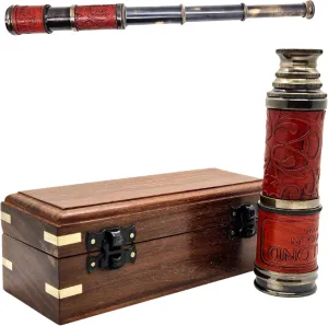Nautical Pirate Brass Telescope 15-Inch – Collapsible Monocular with Wooden Box Vintage Telescope for Hiking Camping Outdoor Adventures Navigation Collectible Maritime Exploration Travel Gear