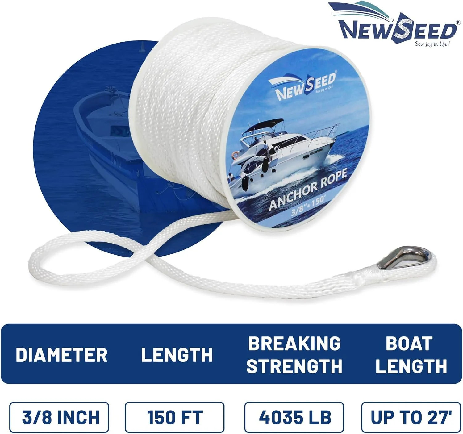 NEWSEED Anchor Rope 3/8" x 150FT Solid Braid Boat Anchor Line – 4035 lbs Break Strength, Marine Grade Rope with 316 Stainless Thimble – Heavy Duty Docking Line for Boats, Kayaks, Fishing, White