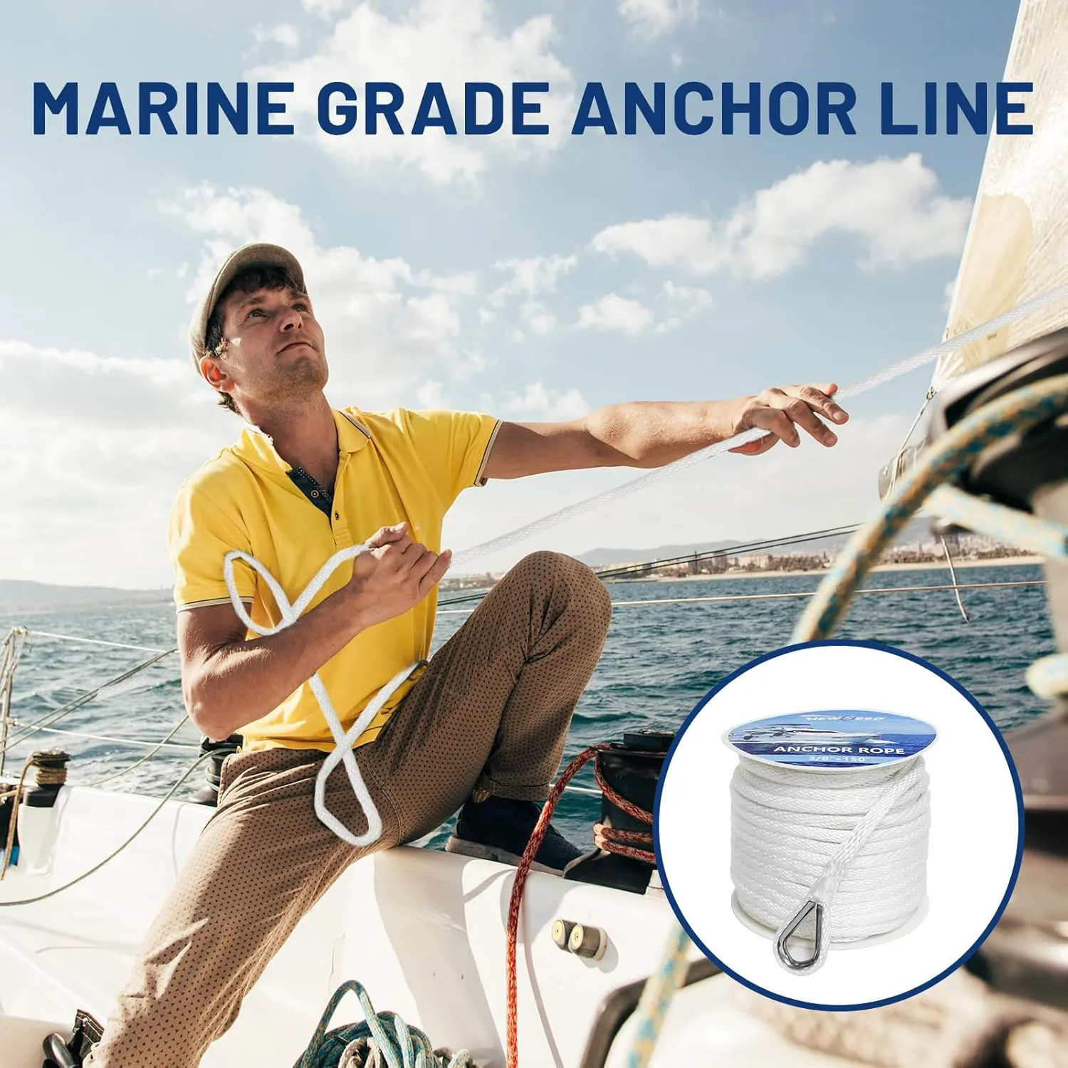 NEWSEED Anchor Rope 3/8" x 150FT Solid Braid Boat Anchor Line – 4035 lbs Break Strength, Marine Grade Rope with 316 Stainless Thimble – Heavy Duty Docking Line for Boats, Kayaks, Fishing, White