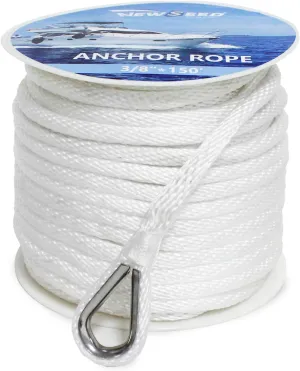 NEWSEED Anchor Rope 3/8" x 150FT Solid Braid Boat Anchor Line – 4035 lbs Break Strength, Marine Grade Rope with 316 Stainless Thimble – Heavy Duty Docking Line for Boats, Kayaks, Fishing, White