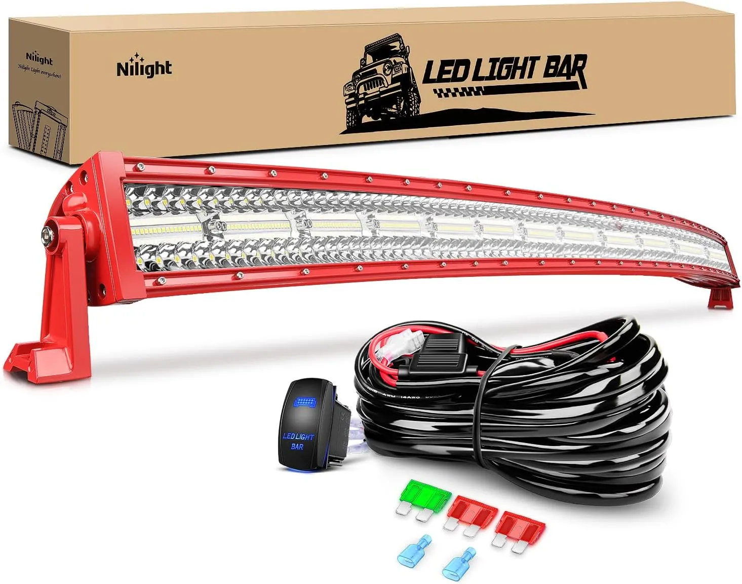 Nilight LED Light Bar 50 Inch Triple Row Spot Flood Combo Lights Red Shell with Wiring Harness Kit for Fog Driving Work Lighting on Off-Road Truck SUV ATV UTV