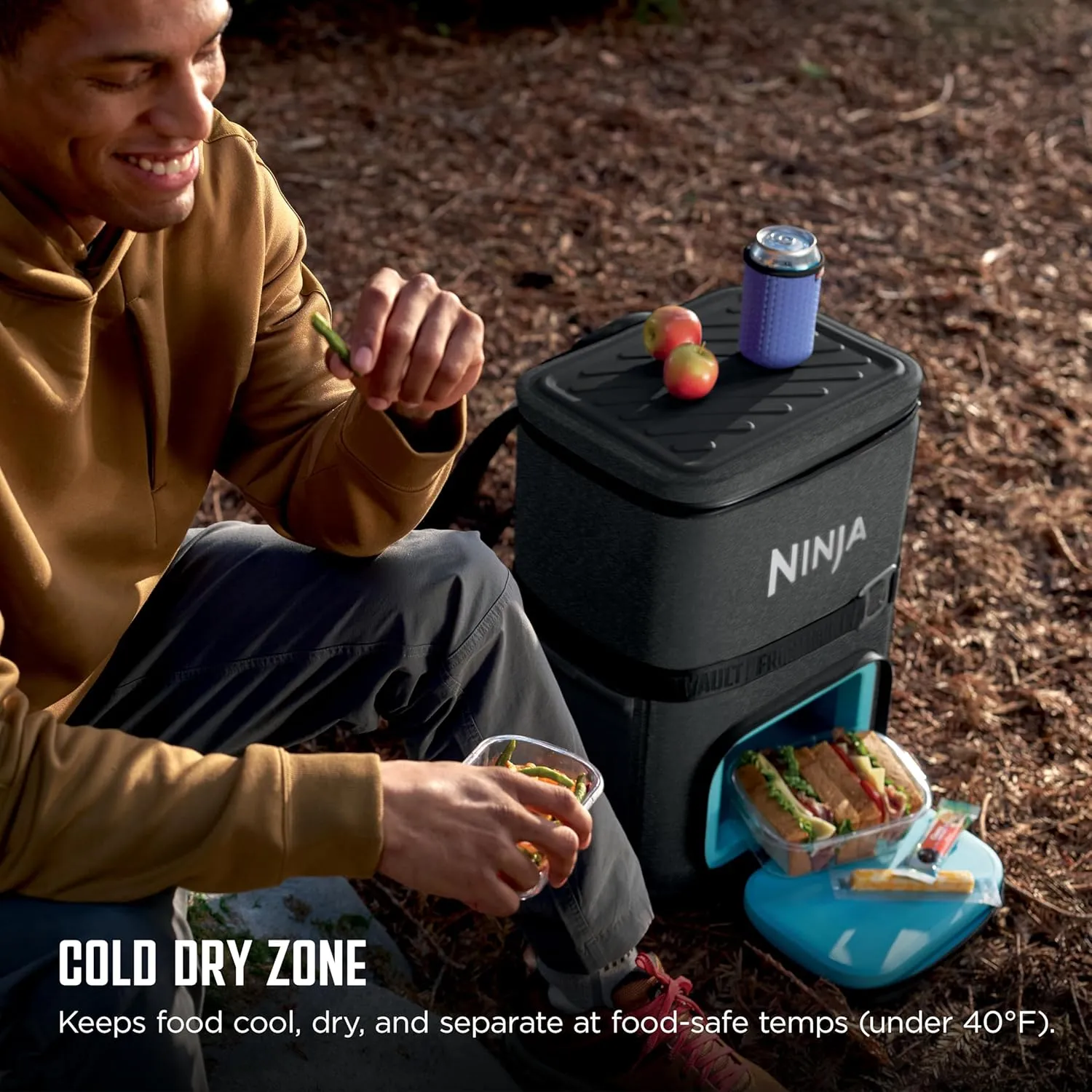 Ninja | Backpack Cooler | FrostVault Go Can Soft Cooler | Leakproof Zipper with Built in Can Opener, 2 Ice Packs & Dry Storage Drawer | for Hiking, Camping & More