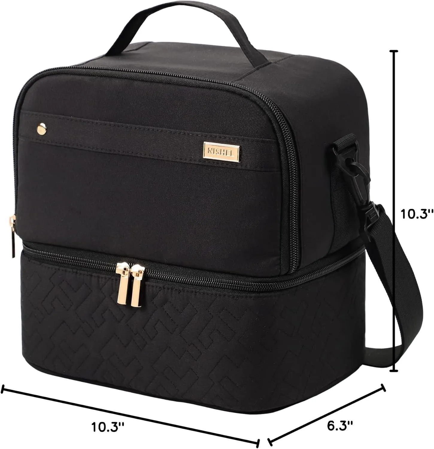 NISHEL Lunch Bag for Women, Insulated Two Separate Compartments Meal Box with Adjustable Shoulder Strap, Leakproof Cooler Case for Work, Black