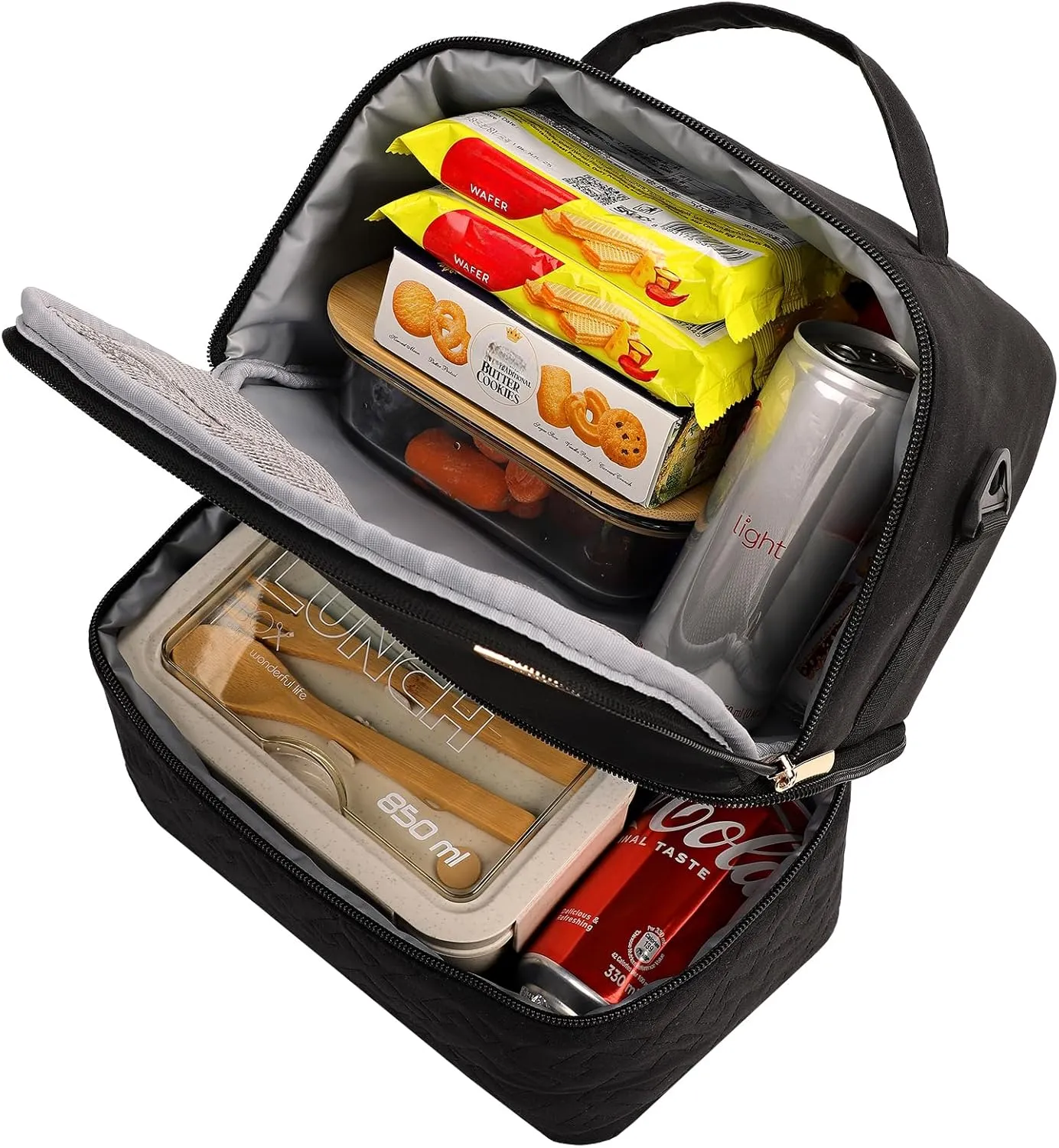 NISHEL Lunch Bag for Women, Insulated Two Separate Compartments Meal Box with Adjustable Shoulder Strap, Leakproof Cooler Case for Work, Black