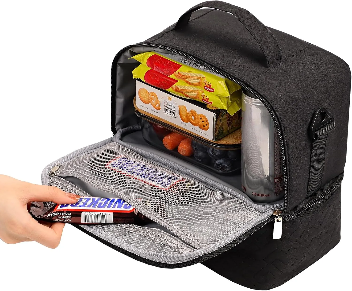 NISHEL Lunch Bag for Women, Insulated Two Separate Compartments Meal Box with Adjustable Shoulder Strap, Leakproof Cooler Case for Work, Black