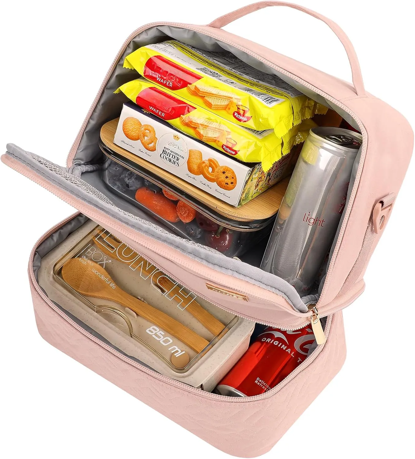 NISHEL Lunch Bag for Women, Insulated Two Separate Compartments Meal Box with Adjustable Shoulder Strap, Leakproof Cooler Case for Work, Pink