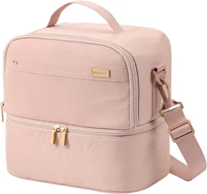 NISHEL Lunch Bag for Women, Insulated Two Separate Compartments Meal Box with Adjustable Shoulder Strap, Leakproof Cooler Case for Work, Pink