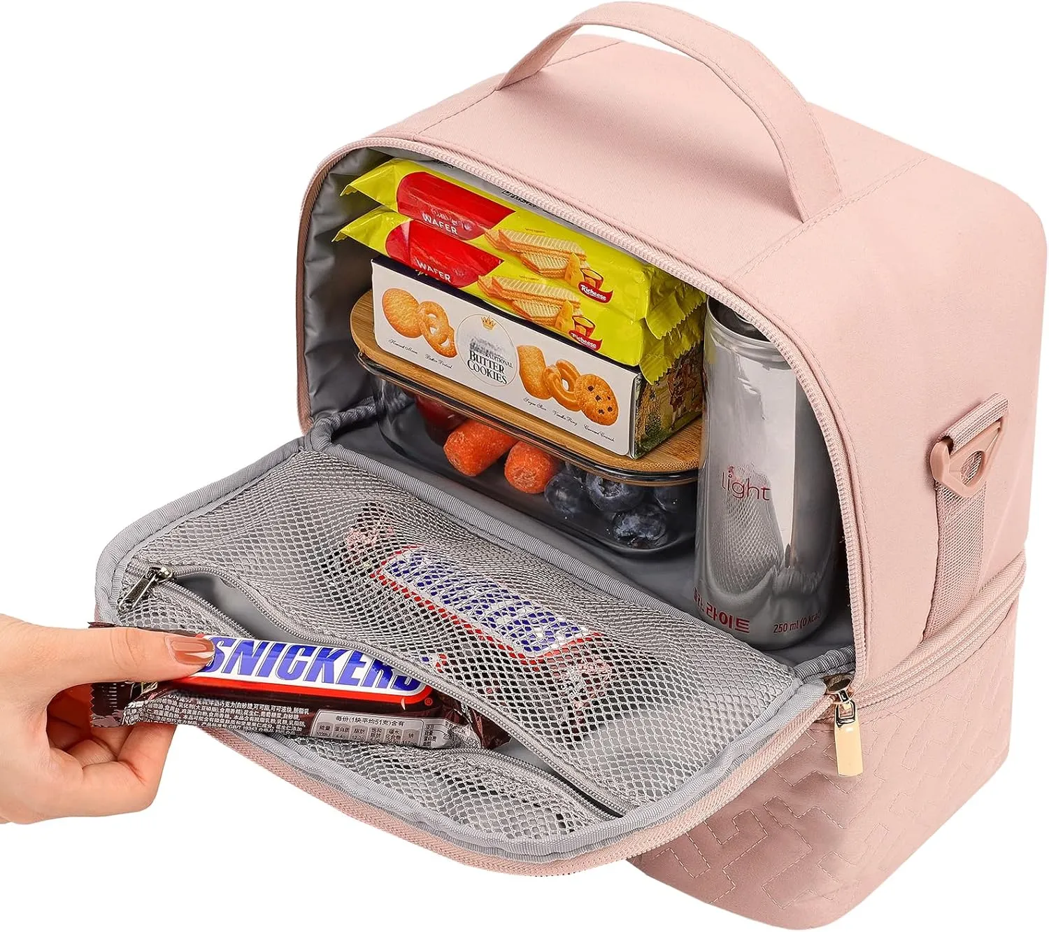 NISHEL Lunch Bag for Women, Insulated Two Separate Compartments Meal Box with Adjustable Shoulder Strap, Leakproof Cooler Case for Work, Pink
