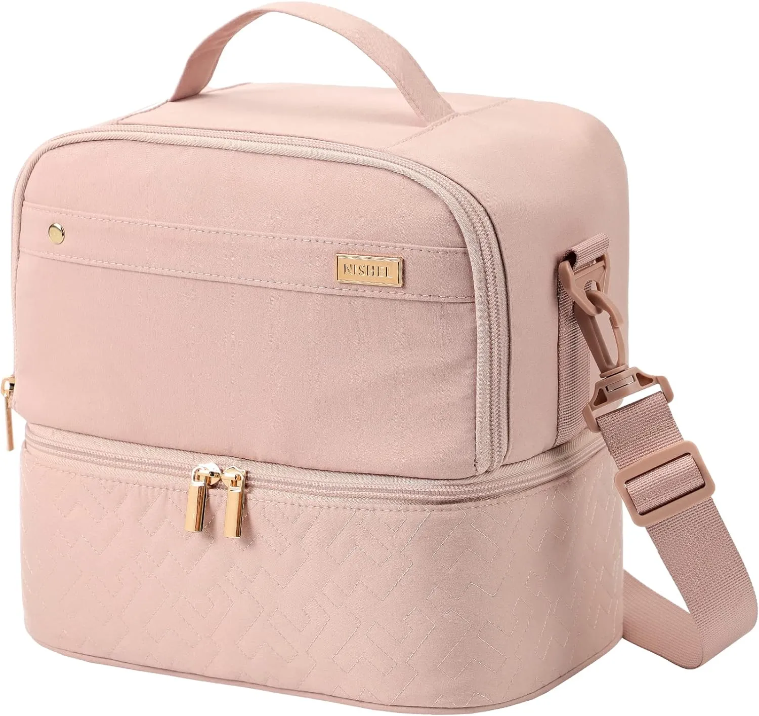 NISHEL Lunch Bag for Women, Insulated Two Separate Compartments Meal Box with Adjustable Shoulder Strap, Leakproof Cooler Case for Work, Pink
