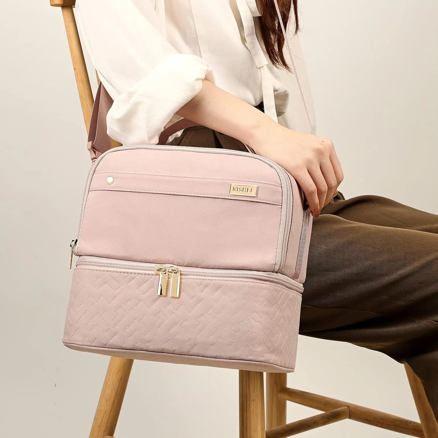 NISHEL Lunch Bag for Women, Insulated Two Separate Compartments Meal Box with Adjustable Shoulder Strap, Leakproof Cooler Case for Work, Pink